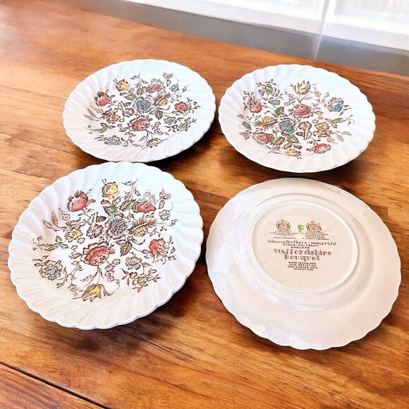 VTG (4) Johnson Brothers Staffordshire Bouquet Brown 6.25” Bread Plates china - Picture 1 of 6